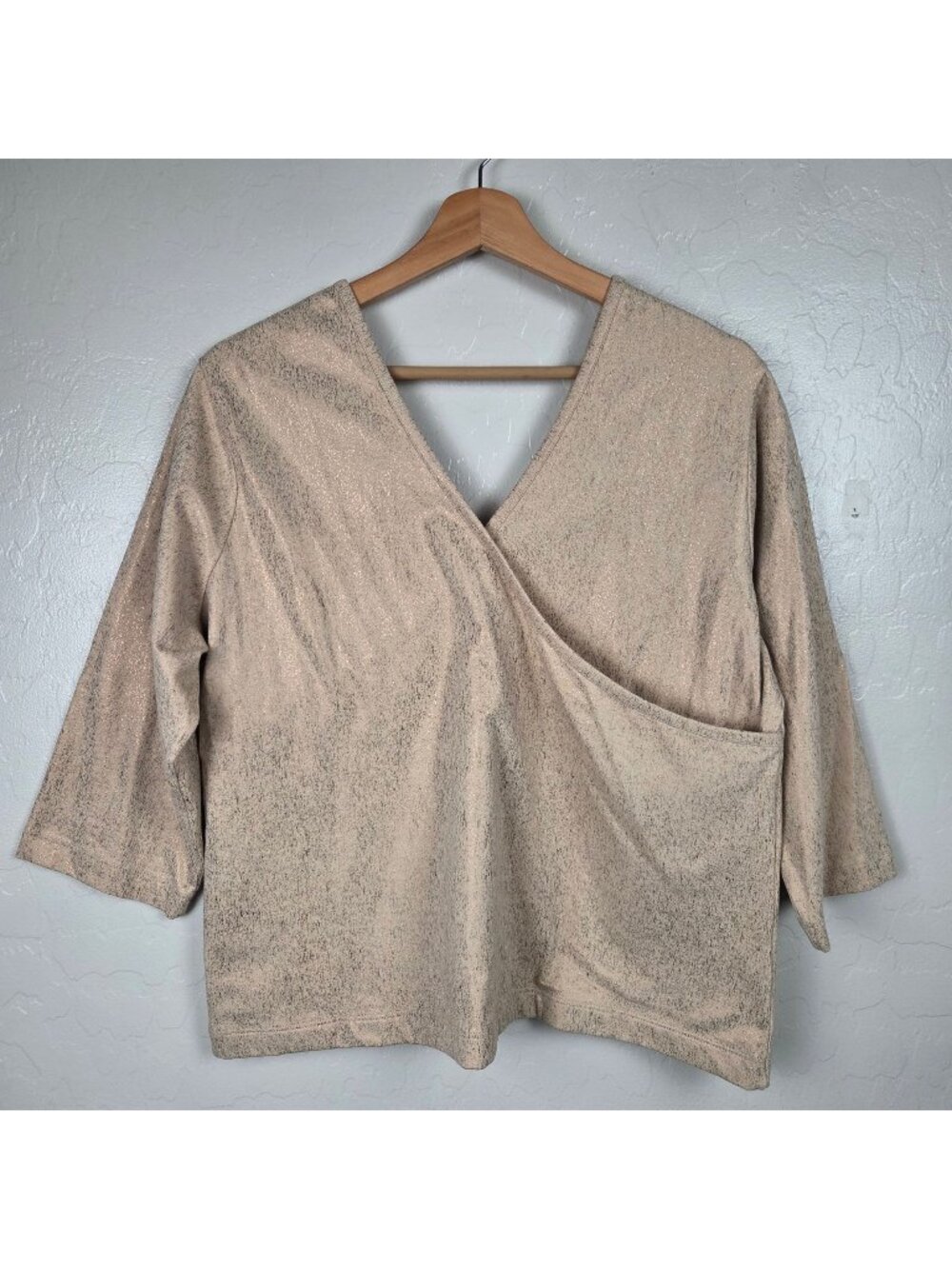 Soft Surroundings Gold Metallic Surplice Faux-Wrap Top V-Neck Size Women's 1X